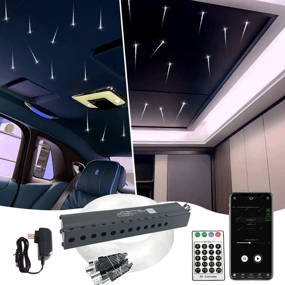 Meteor Effect Fiber Optic Light Kit, 3W 120pcs*0.04in*13.1ft/4m Shooting Stars Light Kit 12 Holes LED Light Engine with Bluetooth + APP Remote Control for Car/Home Theater(Shooting Star Effect only)