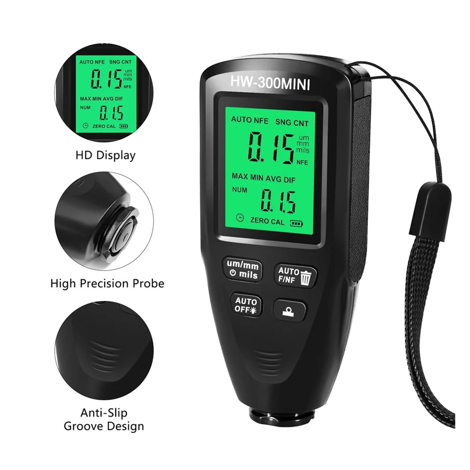 Medidor de espesor Medidor digital de espesor pintura HW-300PRO, medidor ancho alta precisión for revestimientos metálicos automóviles, for la fabricación Medidor de profundidad(Black)