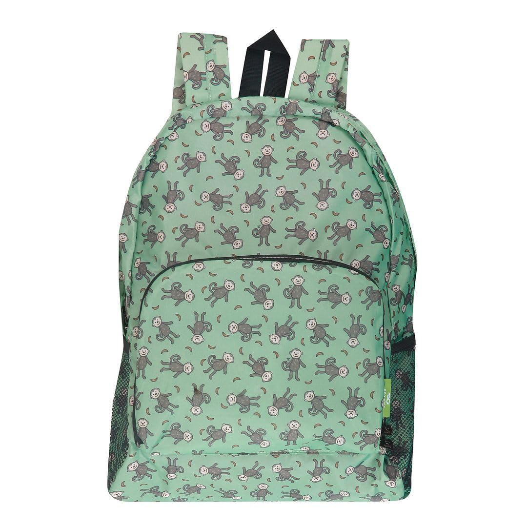 ECO CHIC Lightweight Foldable Water Resistant Backpack Rucksack Folds into Pouch for Storage (Monkeys Green)