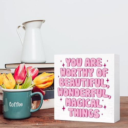 Miniatura 5 de Letrero inspirador con texto en inglés «You Are Worthy of Beautiful Wonderful Magical Things » en bloque de madera, decoración de escritorio