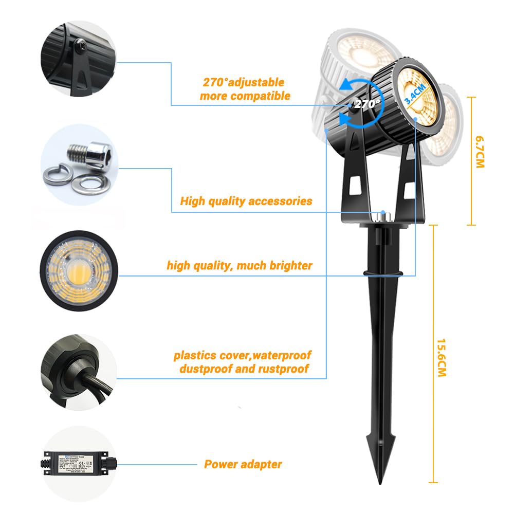 8 luci da giardino Faretto da giardino a LED bianco caldo Illuminazione 24V 24W da giardino a LED con picchetto da terra Lampada da giardino 2100LM 26 m IP65 di cavo per esterno prato da giardino