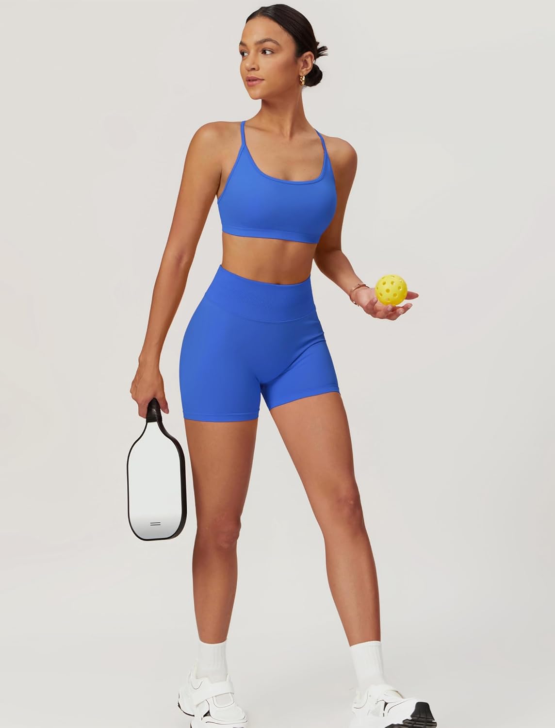 ABOCIW 2 Piece Seamless Workout Sets for Women Scoop Neck Strappy Sports Bra Scrunch Butt Lifting Gym Impact Shorts