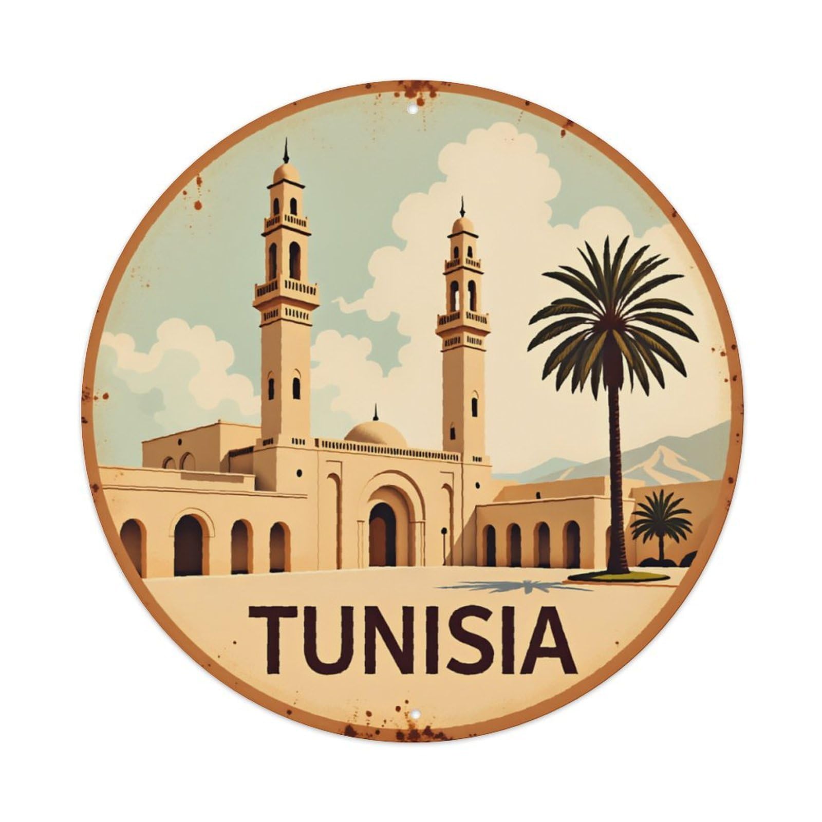 Ldfuieksufg Style Vintage Tunisia Mosque Round Travel Wall Metal Sign Vintage Aluminium Metal Sign, Retro Wall Decor For Home, Bar, Garage & Farmhouse 20X20cm