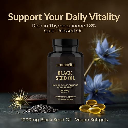 Miniatura 3 de AROMAVITA Aceite de semilla negra de 1000 mg cápsulas blandas  Nigella sativa prensada en frío (semillas de comino negro) con 1.8% de timoquinona,