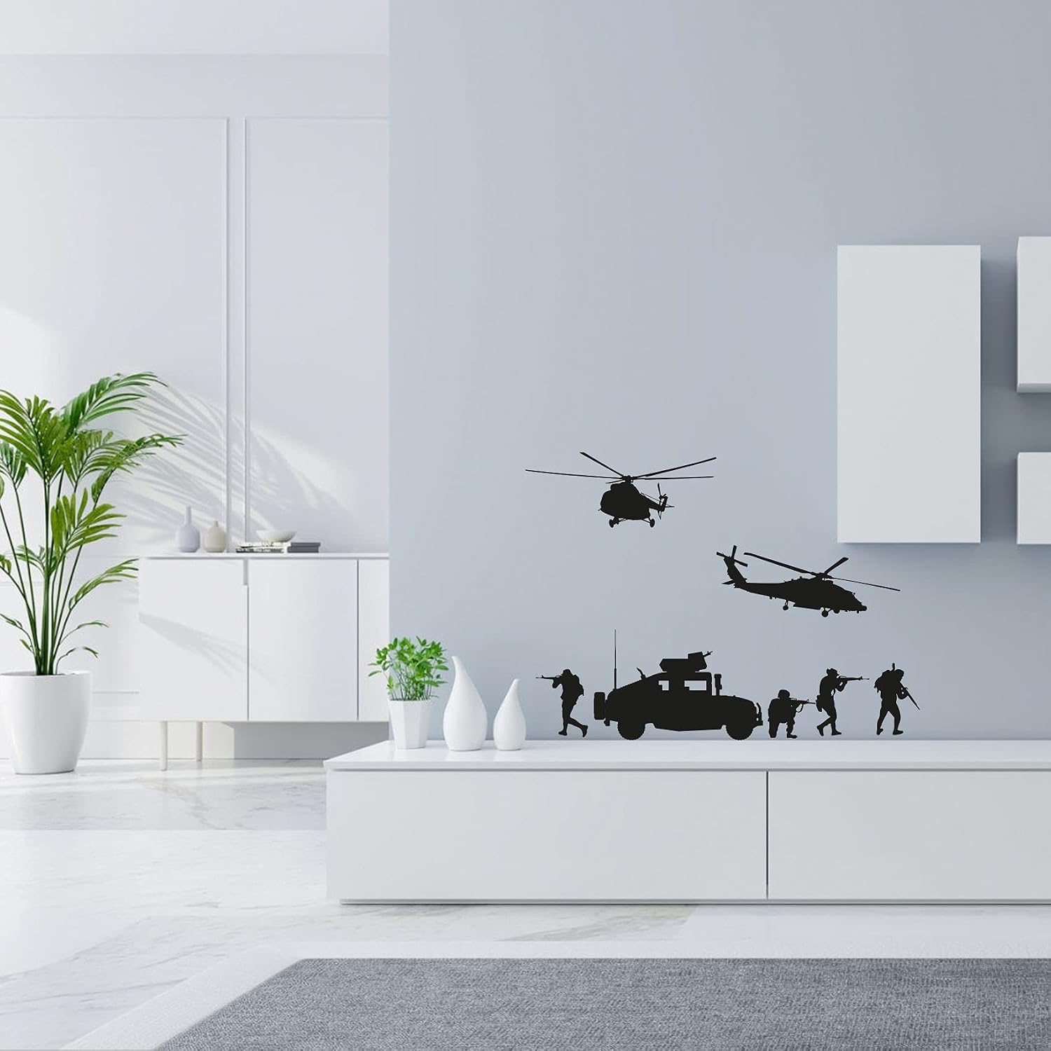 Helicopter Tank Military Swat Team Army Men Soldier Wall Sticker Art Decal for Girls Boys Room Rooms Playroom Bedroom Gym House Home Decor Stickers Walls Art Vinyl Decoration Size (24x40 inch)