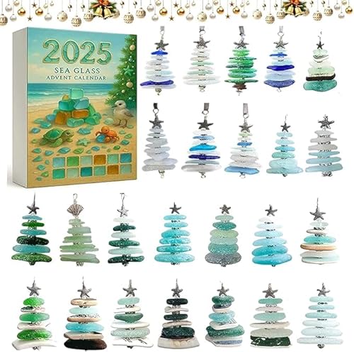 Sea Glass Christmas Tree Advent Calendar 2025,24 Days of Ocean Themed Holiday Surprises, Christmas Countdown Calendar,2D Mini Natural Sea Glass Xmas Tree Ornaments,Holiday Decor Gifts (A)