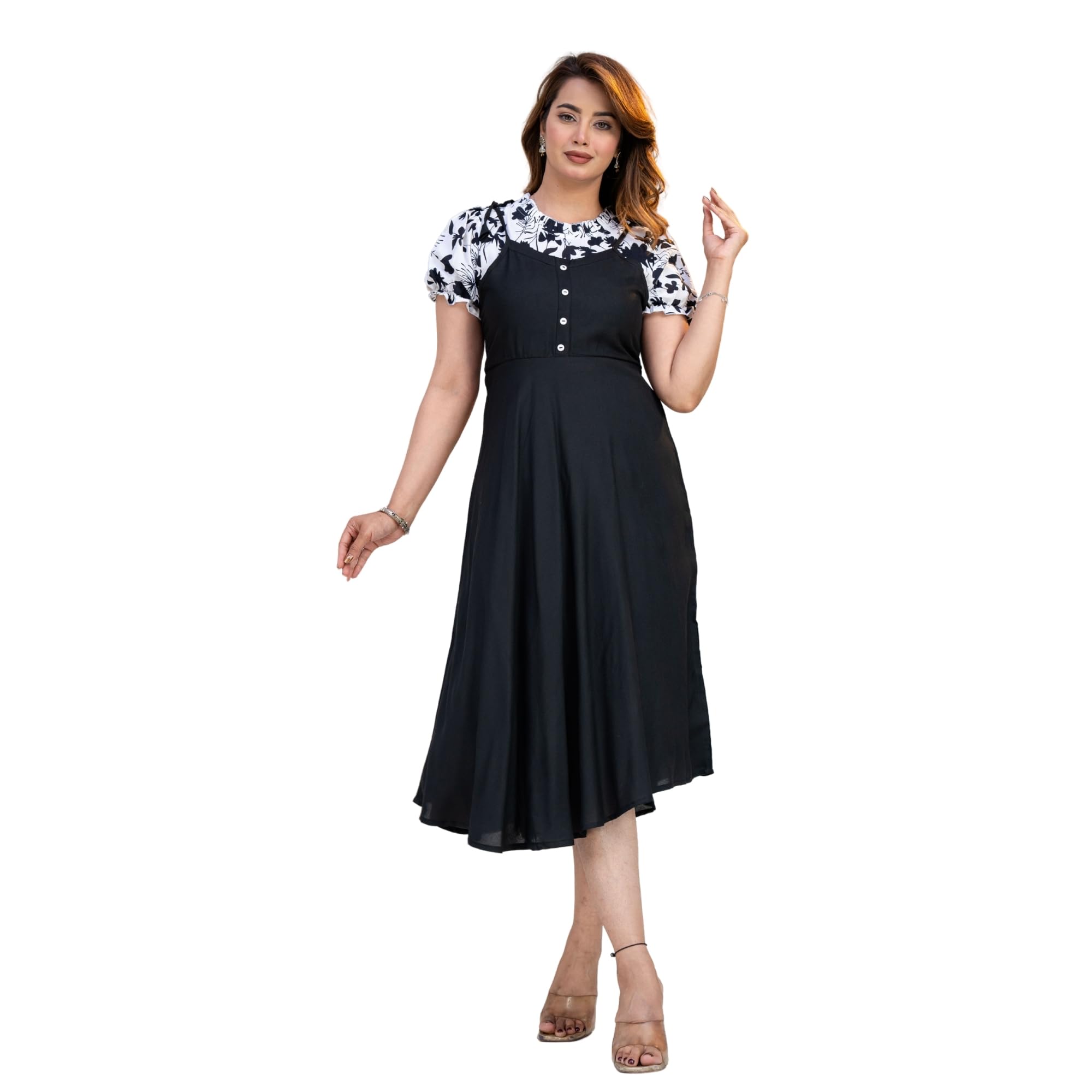 Women’s Dungaree Midi Dress with Puff Sleeve Top Fit & Flare Layered Dress for Women Casual, Office-picture-48
