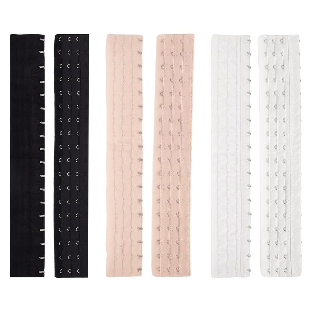 BENECREAT 6Pcs 3 Colors Elastic Corset Extender, Polyester Elastic Corset Extender, 3 Rows of 18 Hook Back Bra Adjusters with Stainless Steel Rings