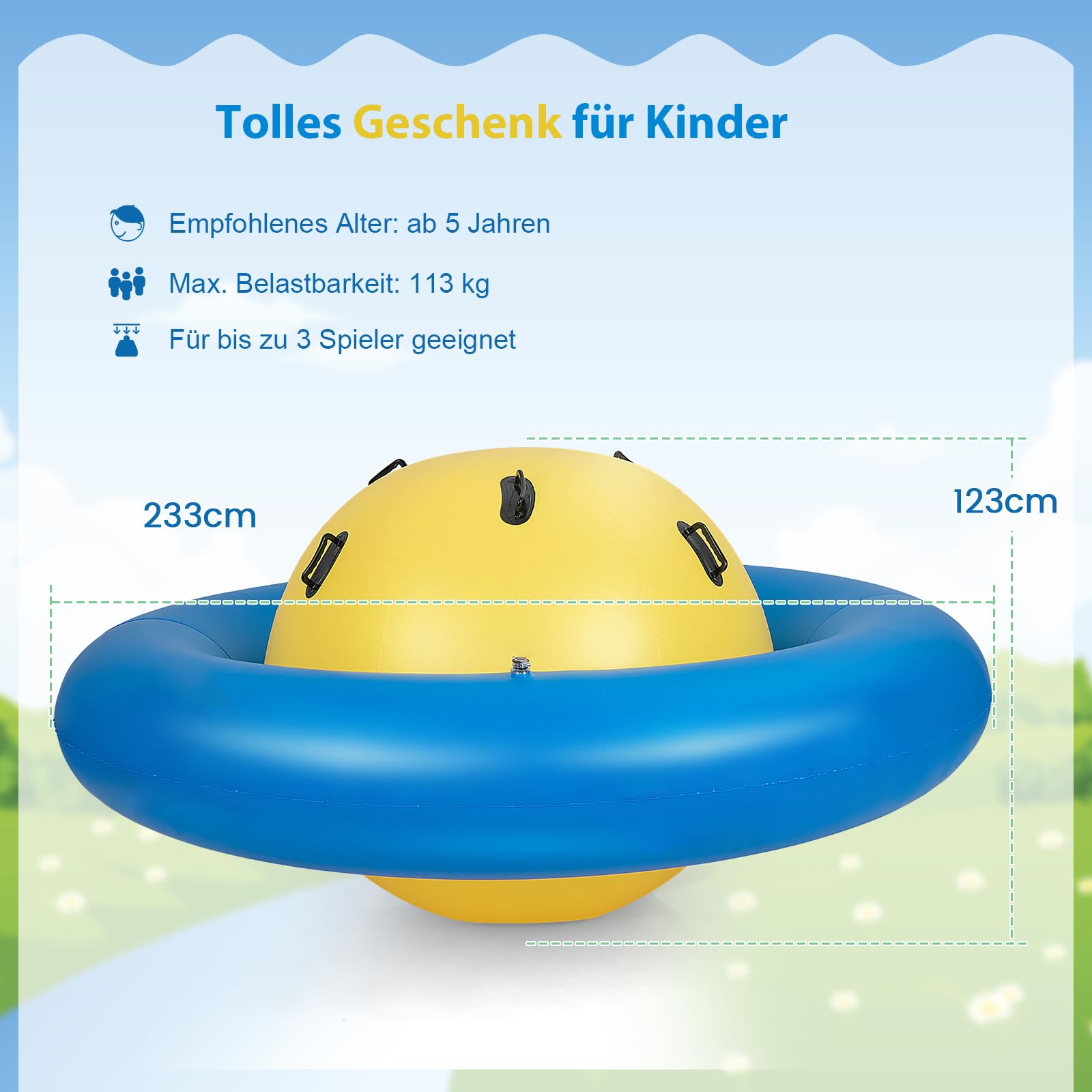 SOARS Aufblasbare Kletterkugel, Hüpfball für Kinder Mit 6 Griffen, Kletterkuppel, 113kg Belastbar, ab 5 Jahren (Gelb + Blau)