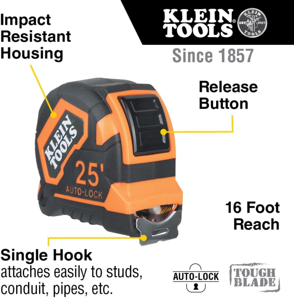 Klein Tools 9125AL Tape Measure, Heavy-Duty Measuring Tape, 25-Foot Single-Hook Nylon Reinforced Blade, Auto-Lock