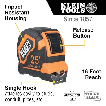 Klein Tools 9125AL Tape Measure, Heavy-Duty Measuring Tape, 25-Foot Single-Hook Nylon Reinforced Blade, Auto-Lock