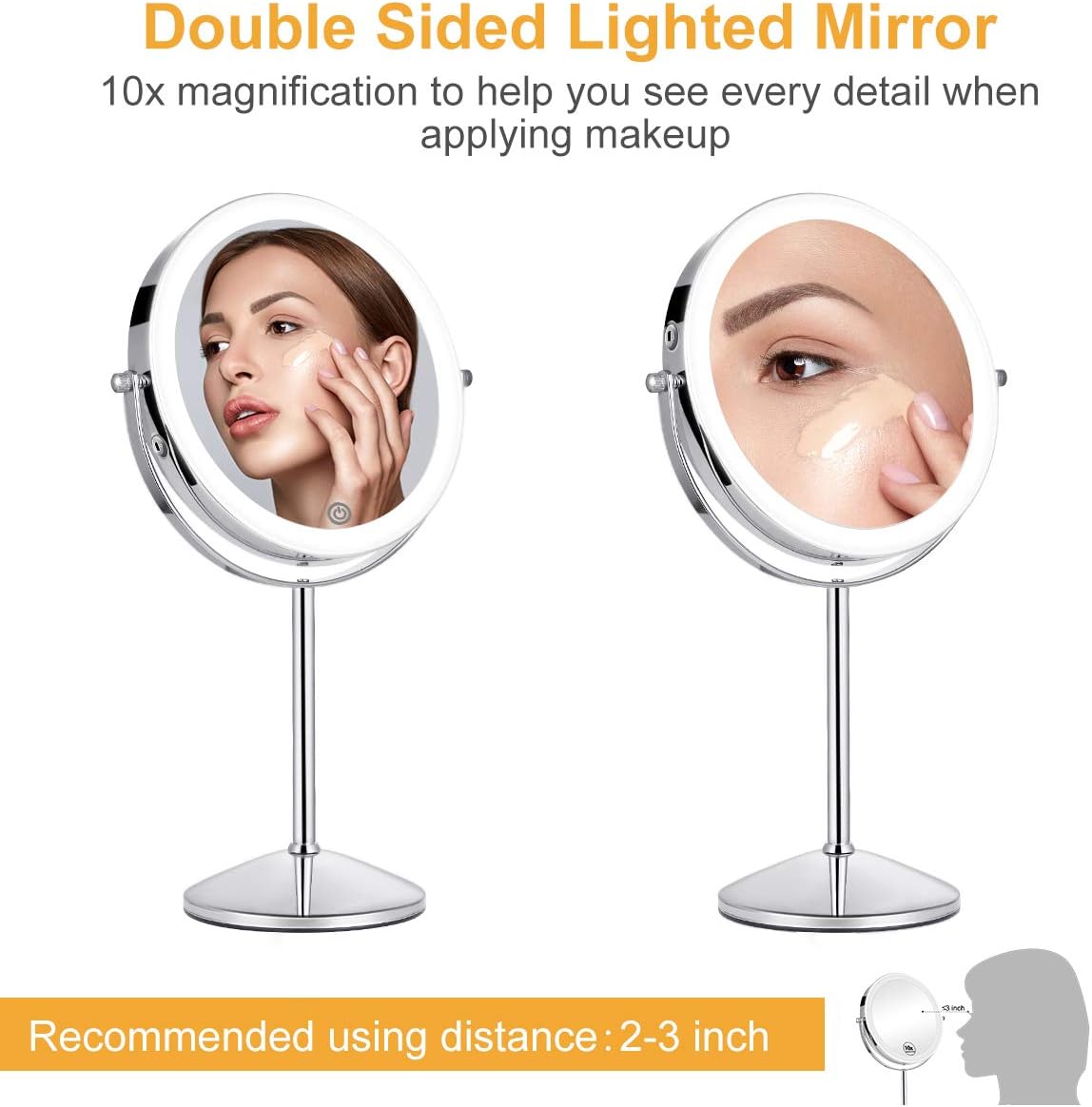KEDSUM Rechargeable 1X/10X Lighted Magnifying Vanity Mirror, 8" Double Sided Lighted Makeup Mirrors with Magnification 3 Lighting Modes, Cosmetic Mirror with Stand, Brightness Adjustable -