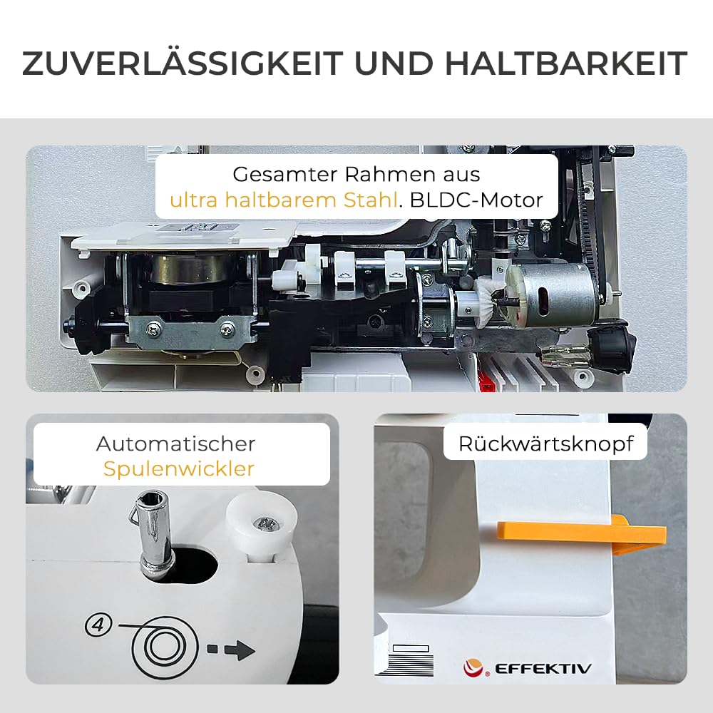 EFFEKTIV Mini-Nähmaschine, kompakt, 15 Stiche, 27 x 30 cm, Metallstruktur, horizontaler Schiff, automatischer Einfädler, für alle Arten von Stoffen, ausziehbarer Tisch