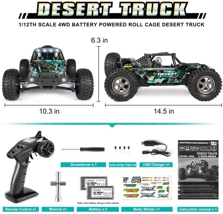 Diagram showing the dimensions of the HAIBOXING 2995 RC Buggy