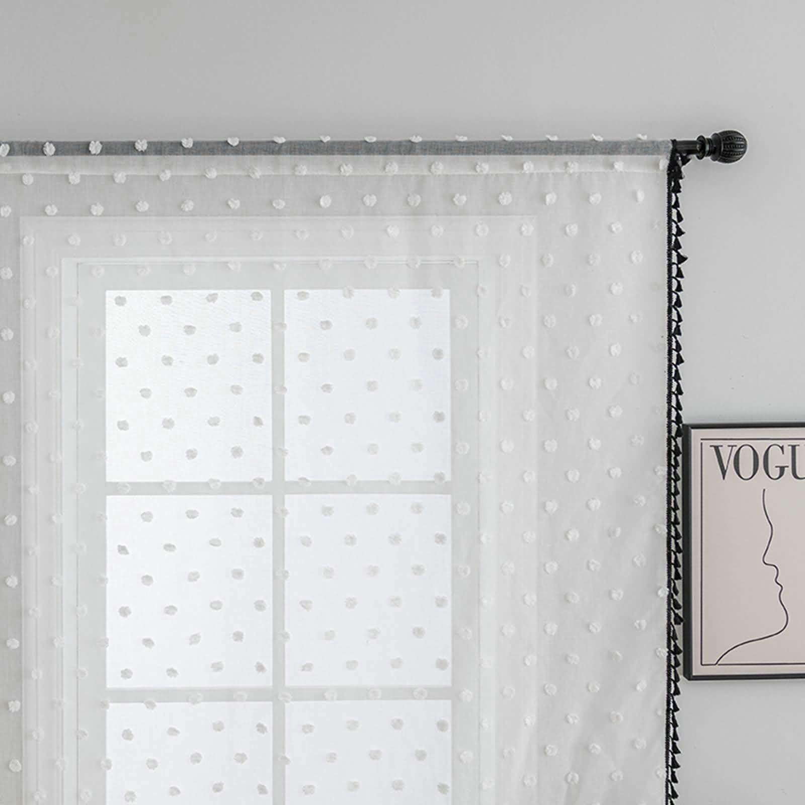 Gualiy Tende per Salotto Trasparenti, Tenda Camera Finestra 2 Pezzi 100x200CM con Pompon e Nappe Tenda Finestra Bianco Nero Tenda per Finestre a Vetro