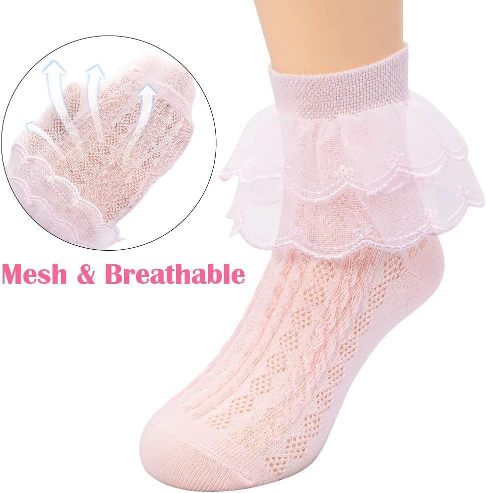 Looching 6 Pack Toddler Baby Girls Ruffle Socks White Lace Trim Eyelet Frilly Cute Cotton Dress Ankle Socks for Kids… - Image 2