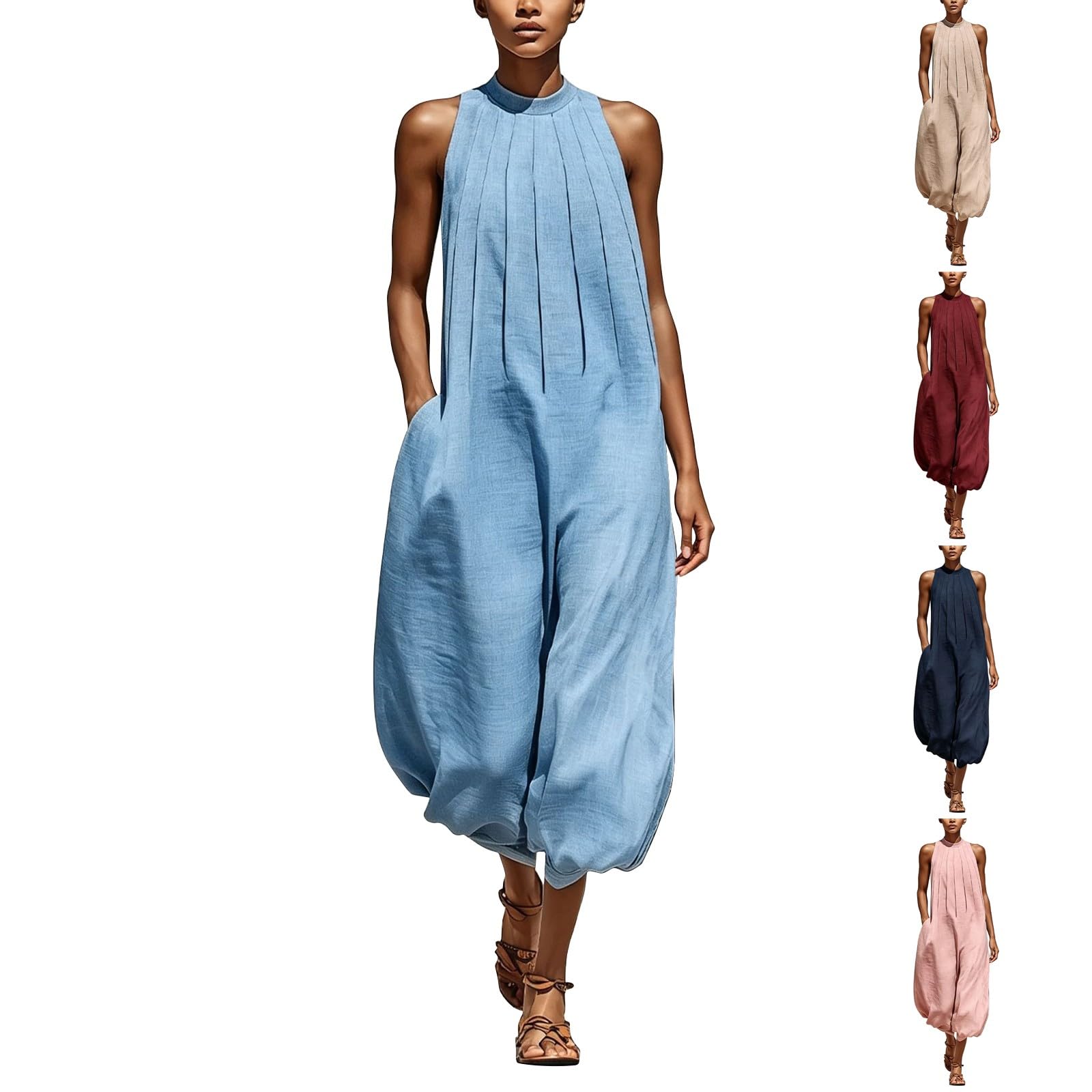 Generisch Tuta estiva da donna, lunga, a gamba larga, elegante | Tuta con pantaloni, senza maniche, spalle scoperte, oversize, con tasche, pagliaccetto alla moda per matrimoni e feste
