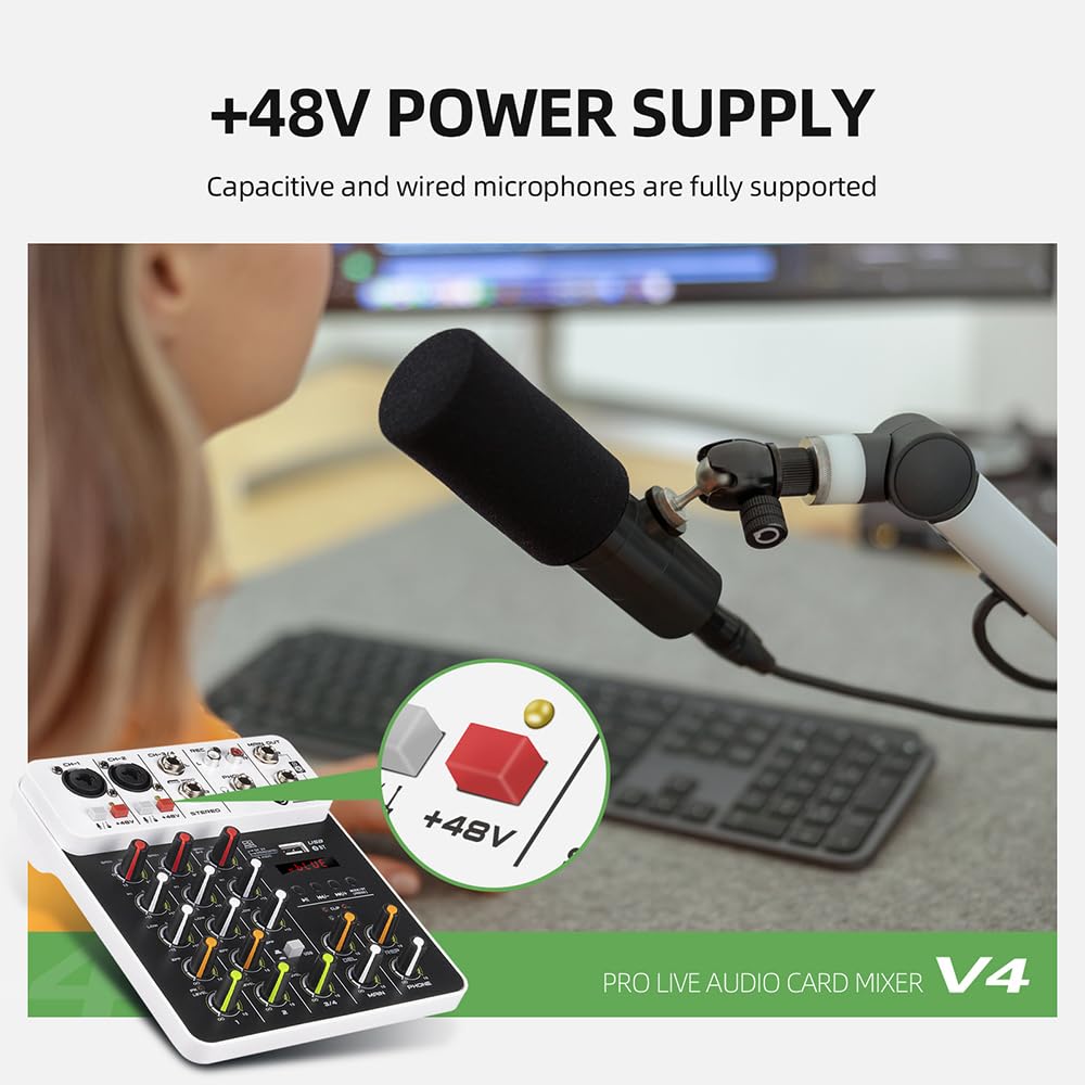 Mixer per DJ, V4 4 canali Mixer DJ Console Portatile 48V Phantom Power USB DJ Console con Scheda for PC Registrazione Canto(V4 White Type)