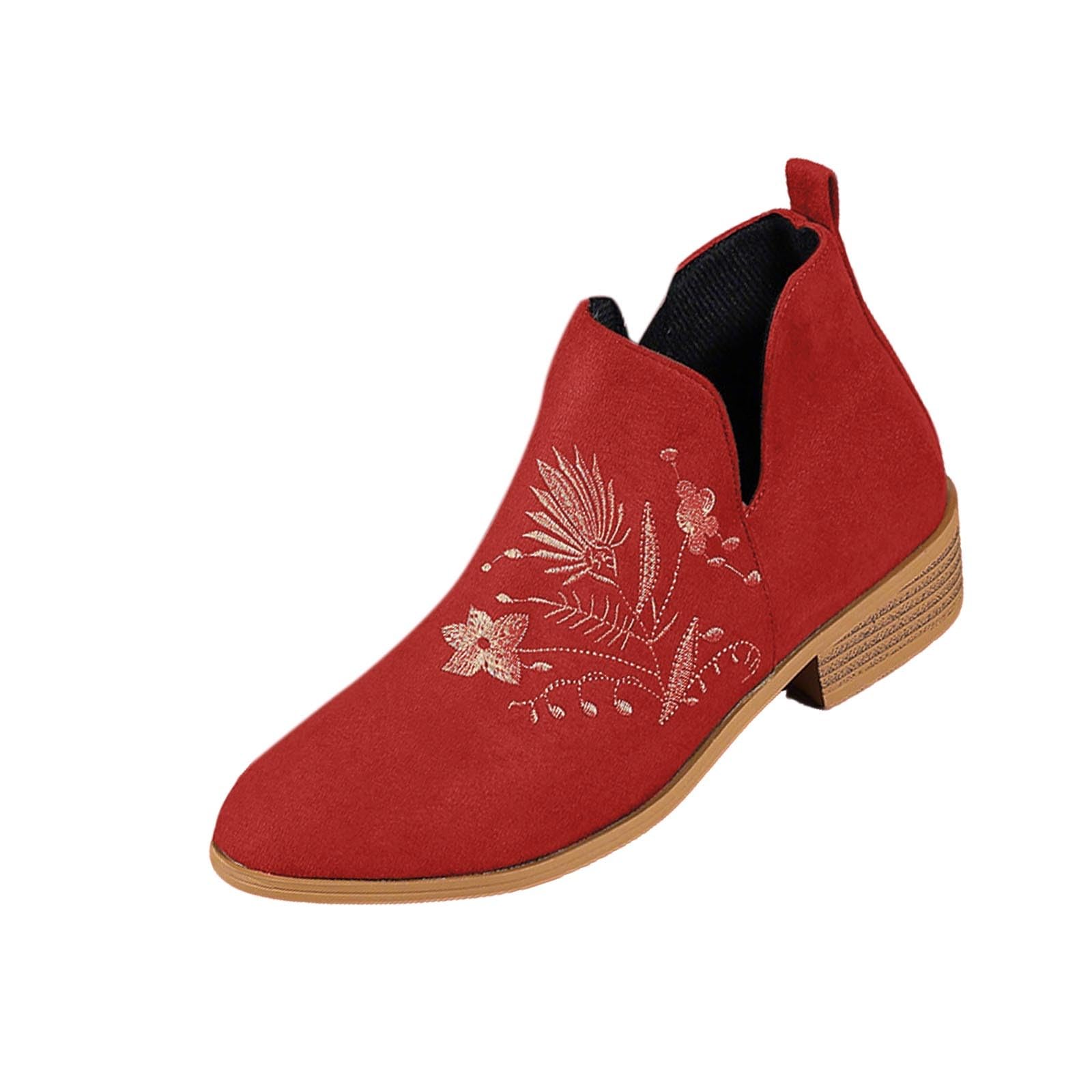 Cowboy Ankle Boots for Women Embroidered Western Cowgirl Pointed Toe Short Boot Retro Booties Chunky Heels Zipper Suede