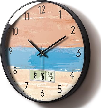 Amazon Co Jp 大型デジタル壁掛け時計 曜日と日付付き 高齢者用 カラフルなキッズ時計 モダンタイムクロック 静か カチカチ音なし 電池式 デジタル時計 温度計付き 部屋の装飾用 12インチ ホーム キッチン