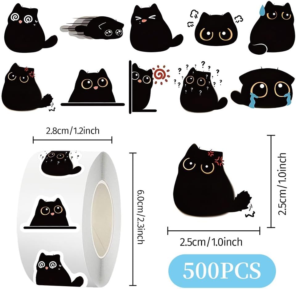 500 Pcs Black Cat Stickers Roll, 10 Styles Cute Cartoon Kitten Sticker, Waterproof Vinyl Cat Party Favors for Journals, Laptops, Scrapbooking Bulk Stickers for School & Birthday Goodie Bags - Image 7