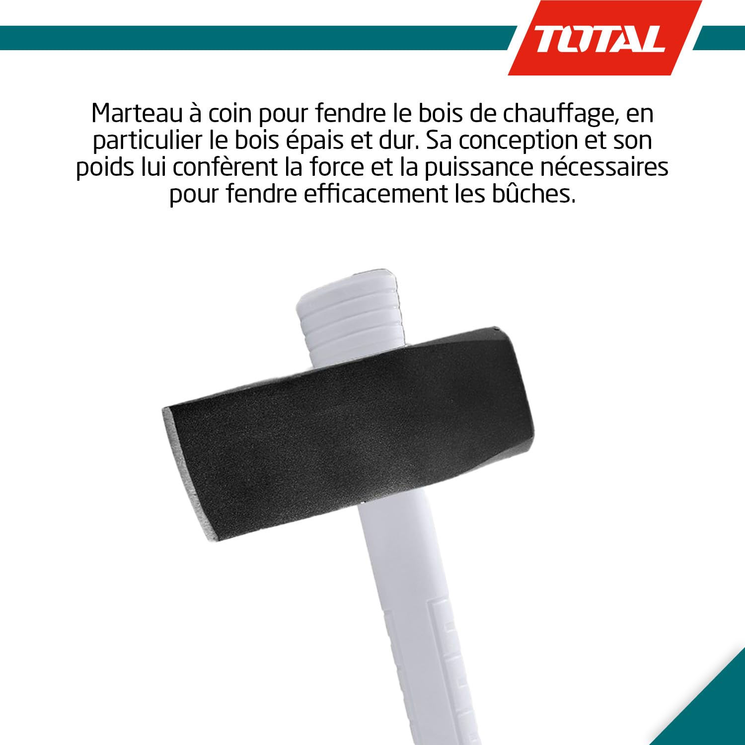 TOTAL - Masse compensée | 3 kg et 900 mm de longueur | Idéal pour le bois de chauffage | Coupe le bois épais et dur | Poignée en fibre de verre | Tête en acier au carbone forgé à chaud