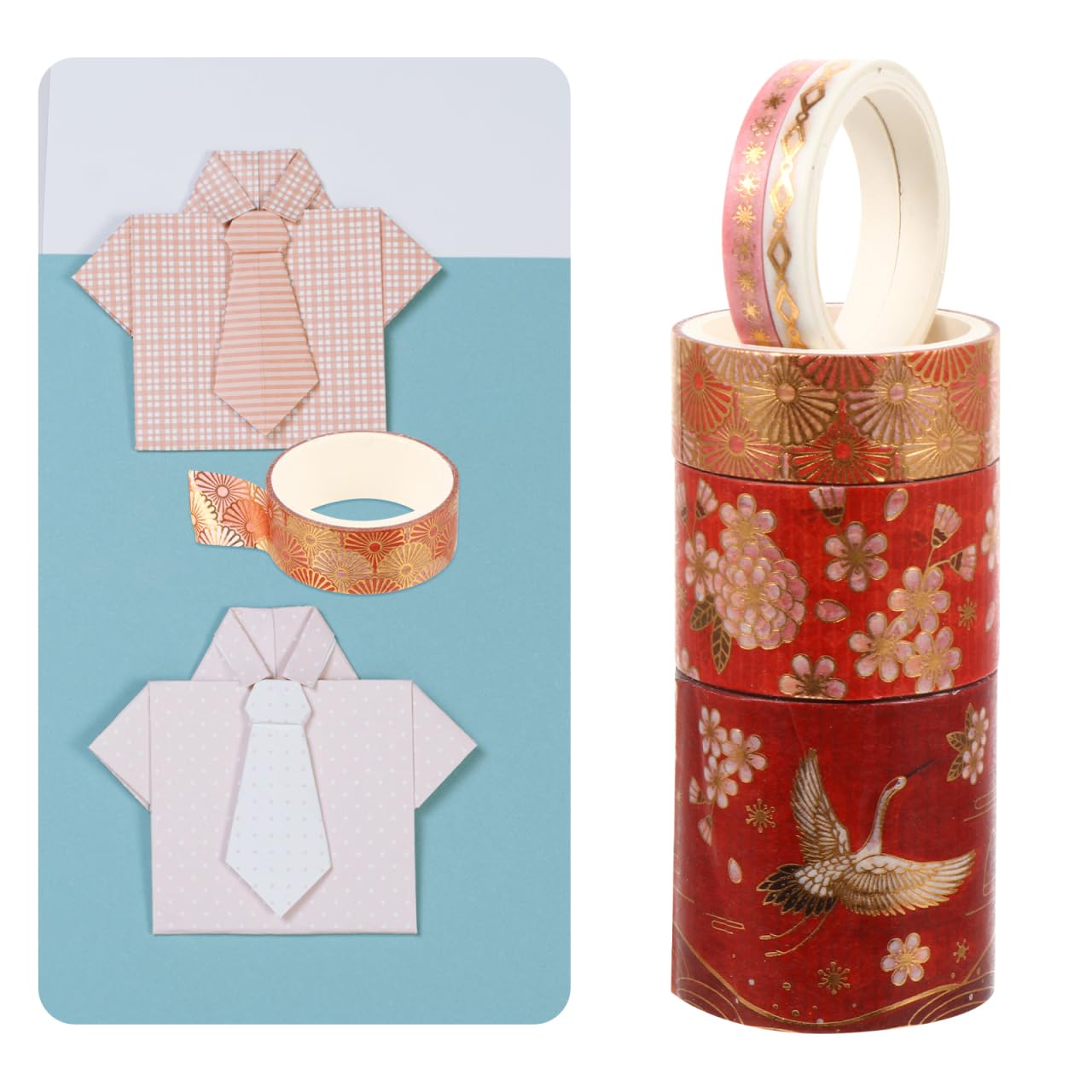 Anneome Chinese Style Decorative Craft Tape 5 Rolls 78.74 Inch Washi Tape for Scrapbooking Diy Art Projects with Gold Foil Crane Patterns Home and Journal Decoration - Image 2