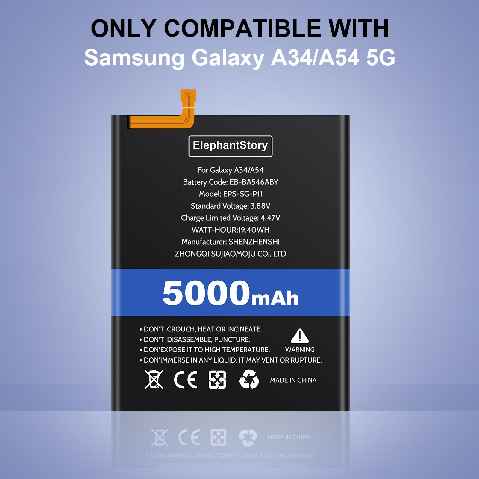 ElephantStory Batteria per Samsung Galaxy A34 5G SM- A346B/ A54 5G SM- A546B, EB-BA546ABY 5000 mAh Batteria di Ricambio Batteria Sostitutiva ai Polimeri di Litio con Strumenti di Riparazione