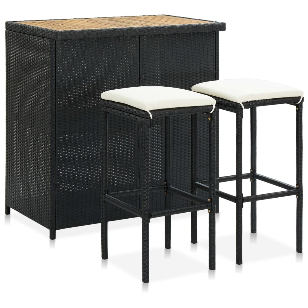 Set da bar da 3 pezzi con struttura in acciaio e rattan sintetico, set da bistrot con piano in legno massello di acacia, include cuscini con rivestimento in poliestere rimovibile e due