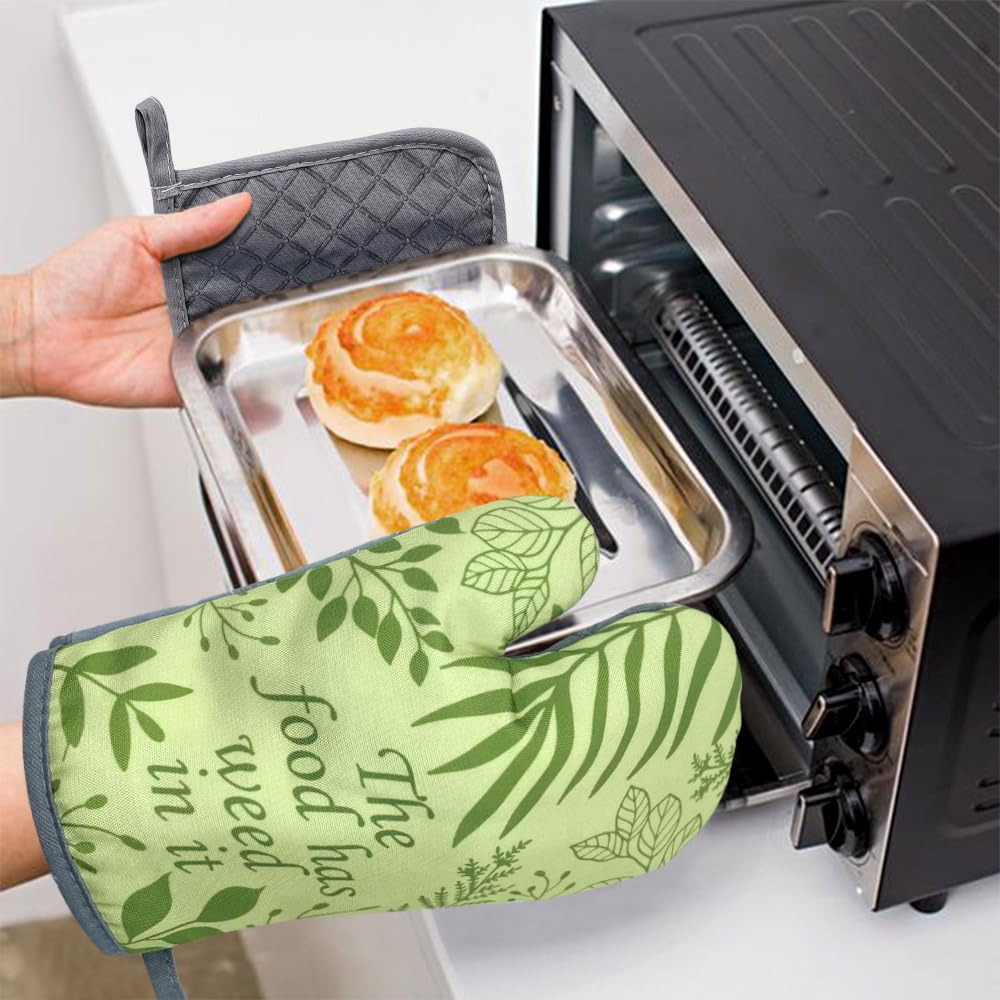 The Food has Weed in it, juego de 2 manoplas de horno y soportes para ollas, divertido guante de horno, regalo de cumpleaños para amigos, regalo de cocina para mujeres, regalo para chef, amantes, mamá