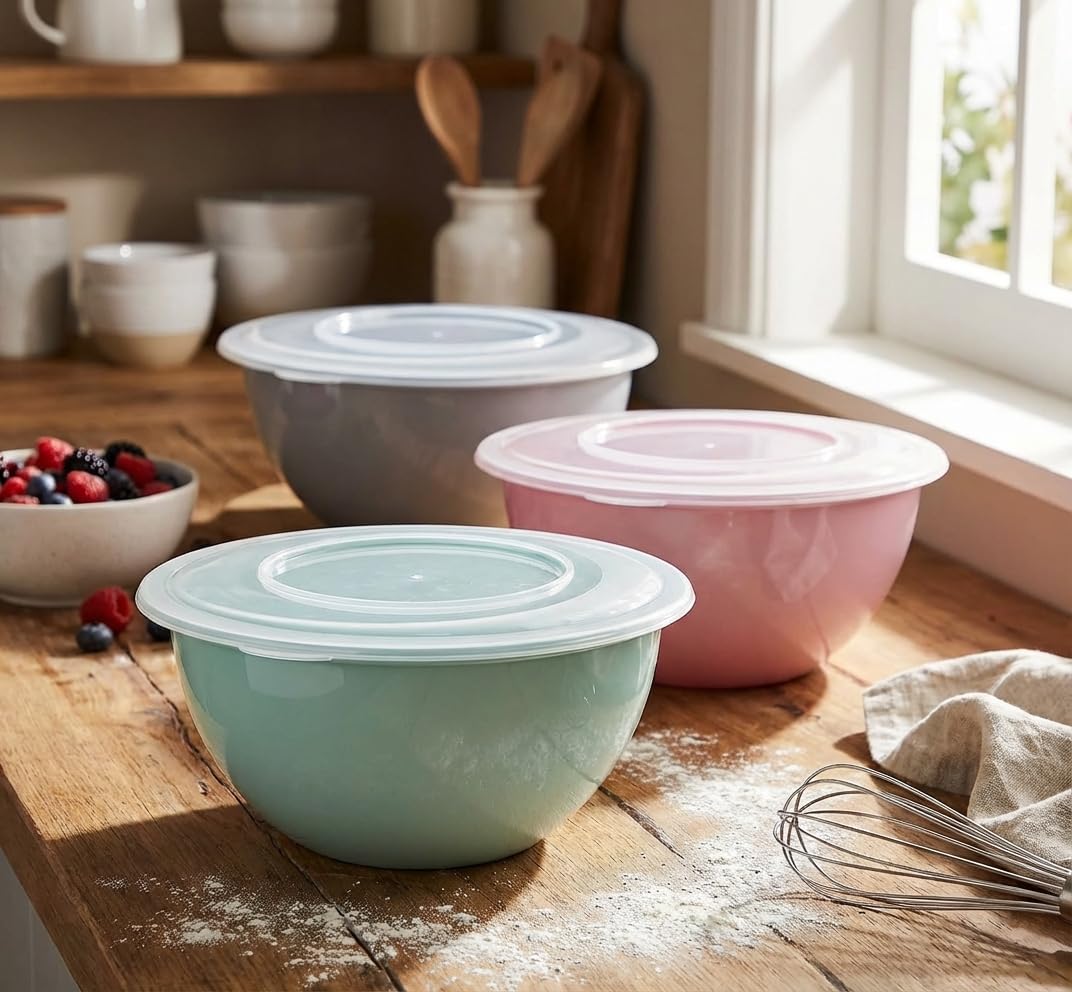 2friends Salatschüssel mit Deckel 3er Set Rührschüssel 5L, lebensmittelechter BPA-freier Kunststoff, Größe Schüssel mit Deckel Made in EU; Ø28cm Durchmesser,