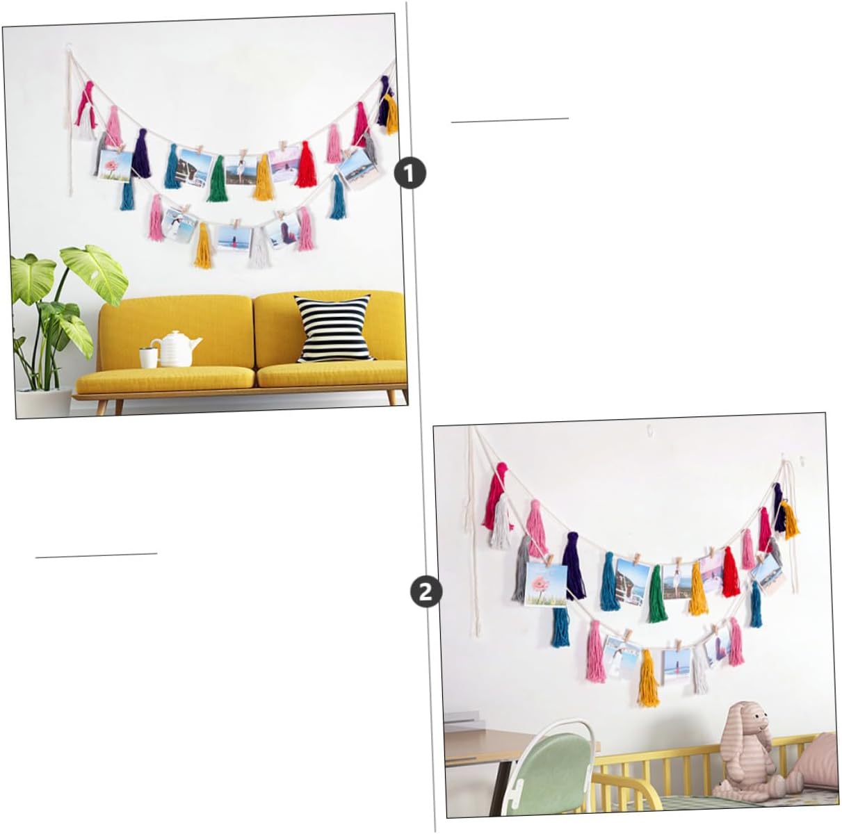Rainbow Tassel Garland and Banner Set, Handmade Bohemian Hanging Decor with Colorful Tassels, 2pcs Wall Hanging for Home, Party, and Nursery Accents