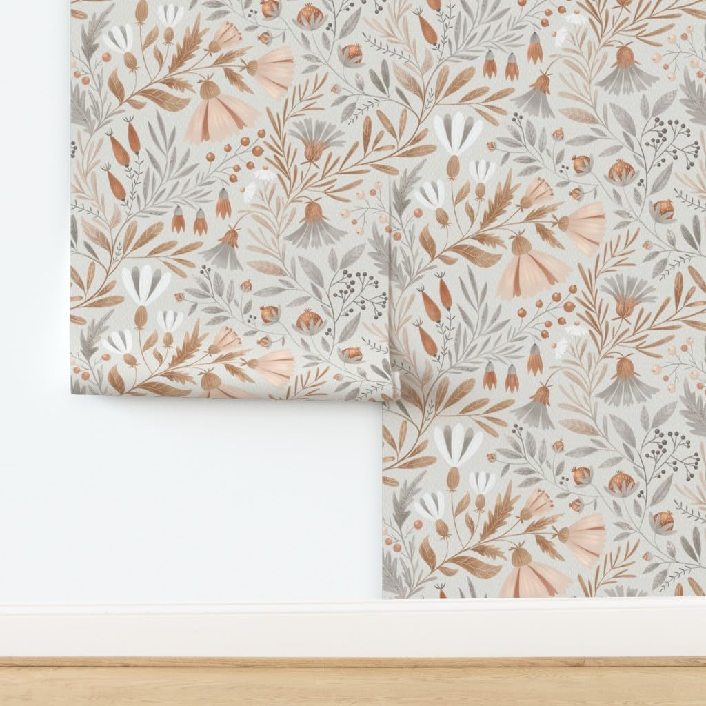 Spoonflower Peel & Stick Wallpaper 3ft x 2ft - Beige Grey Neutral Botanicals Floral Tan Warm Custom Removable Wallpaper