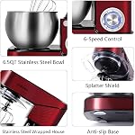 CUSIMAX Mélangeur de support en acier inoxydable 6.5QT 6-Speeds Mélangeurs à tête incrustée avec crochet de douille, fouet de fil & Beater plat, Garde éclair pour la cuisson à domicile, Rouge Inox