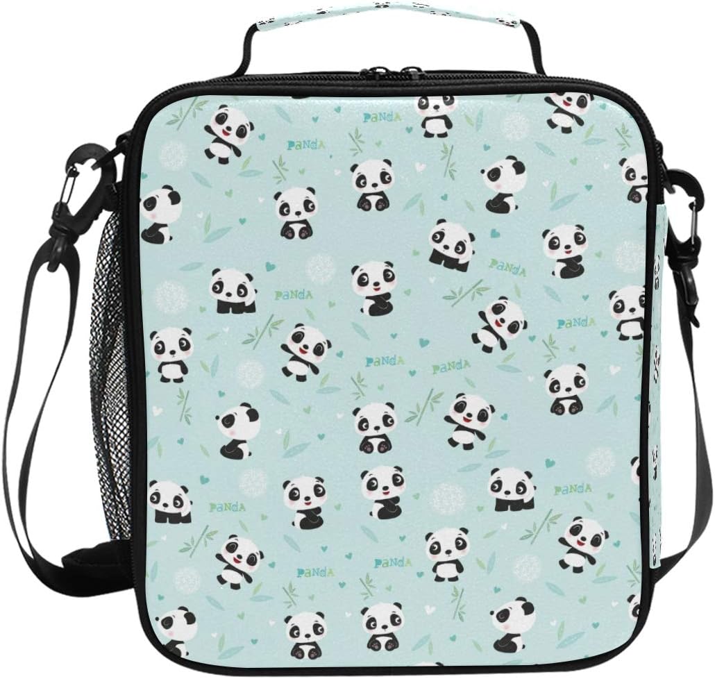 Cute Cartoon Panda Lunch Box for Girls Mens Kids Thermal Insulation Lunch Tote Bag with Shoulder Strap for Work