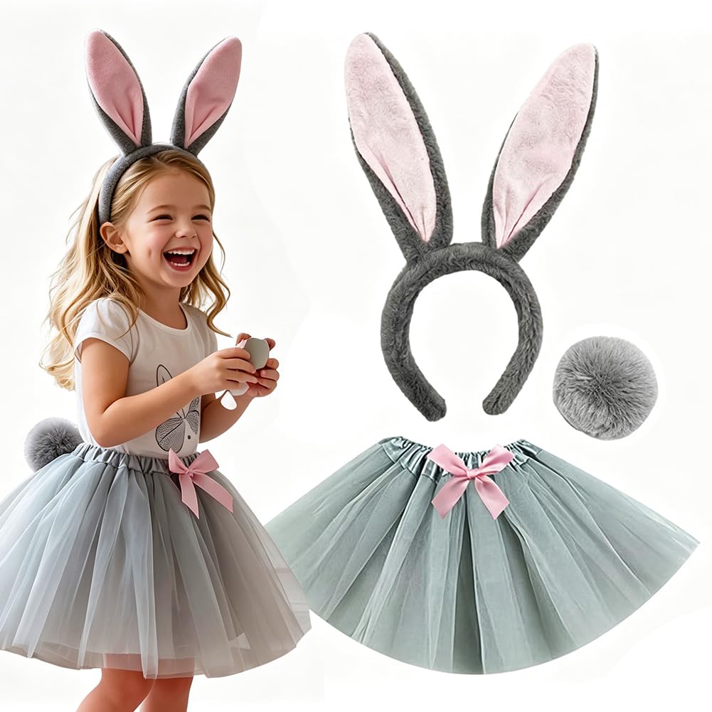 Disfraz Conejo para Niñas, Conjunto de Disfraz de Conejito, Disfraz de Carnaval con Diadema, Tutú de Tul, Garra y Cola, Carnaval, Cosplay Accesorios-Gris