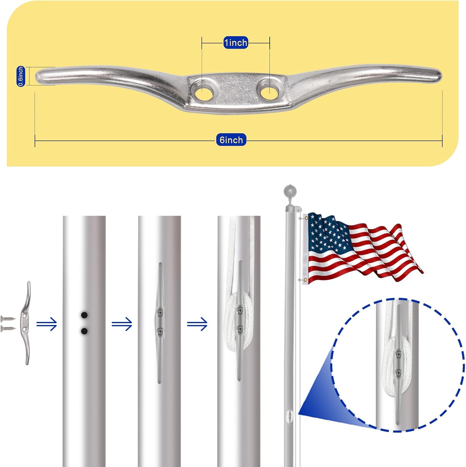 Flagpole Hardware Replacement Parts Kit Sliver, 50 Ft Halyard Rope, Sliver Ball Topper, Cleat Hook, 4 Metal Sliver Swivel Snap Clips, Flagpole Pulley Truck for 1.6"-2" OD Tube