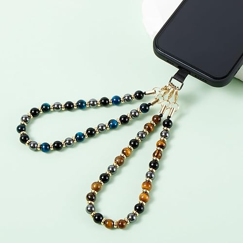 Miniatura 3 de 2 piezas de correa para teléfono con cuentas de mármol, cordón para teléfono celular con pestaña de sujeción, correa de cadena, correa de muñeca