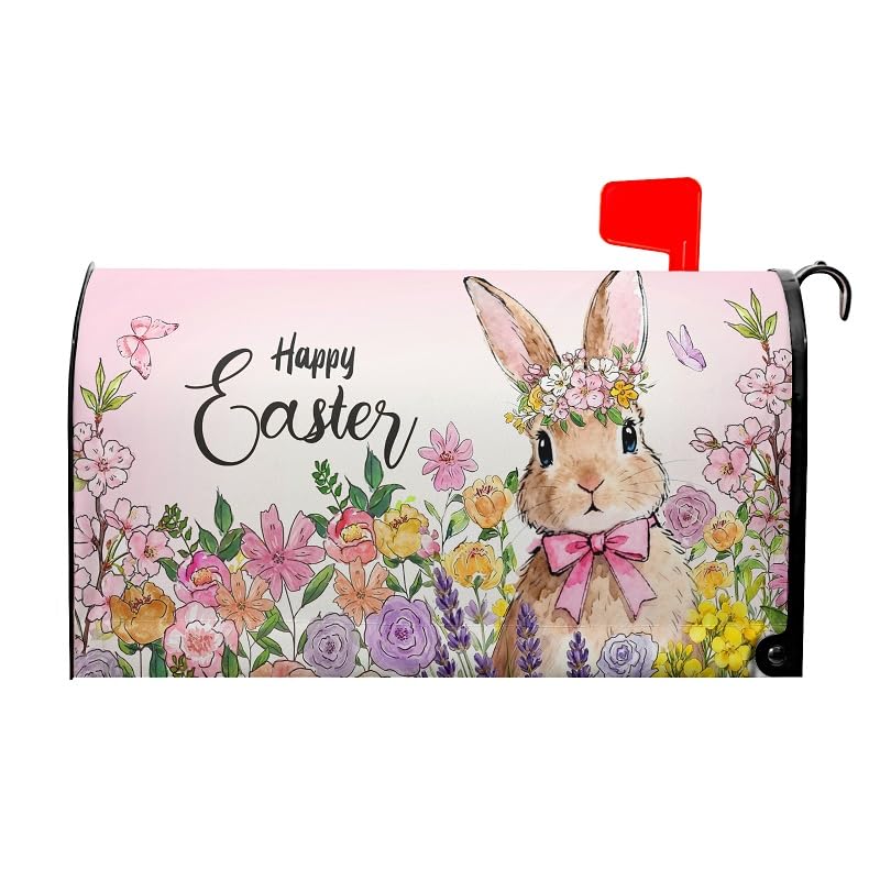 Happy Easter Bunny Magnetic Mailbox Covers Standard Size 25.5x21in Spring Easter Flower Decor Mailboxes Wraps Post Cute Rabbit Flower and Butterfly Letter Box Cover for Home Garden Yard Outside