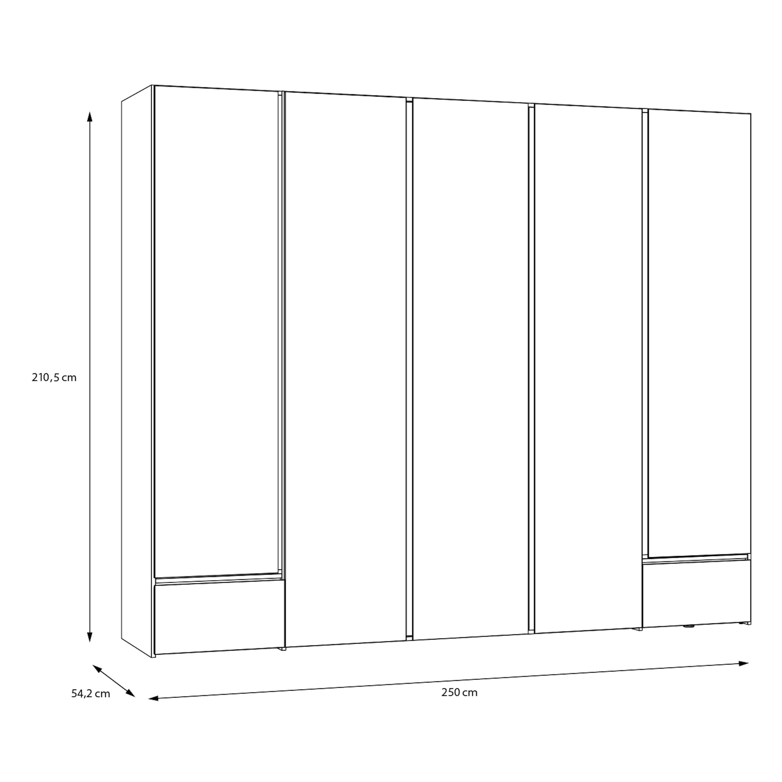 Forte LENYBELARDO Kleiderschrank 250, Moderner Dreh-/Schwebetürenschrank mit 4 Türen, Holzwerkstoff, Riviera Eiche/Weiß, 250 cm breit, 210,5 cm hoch, 54,2 cm tief