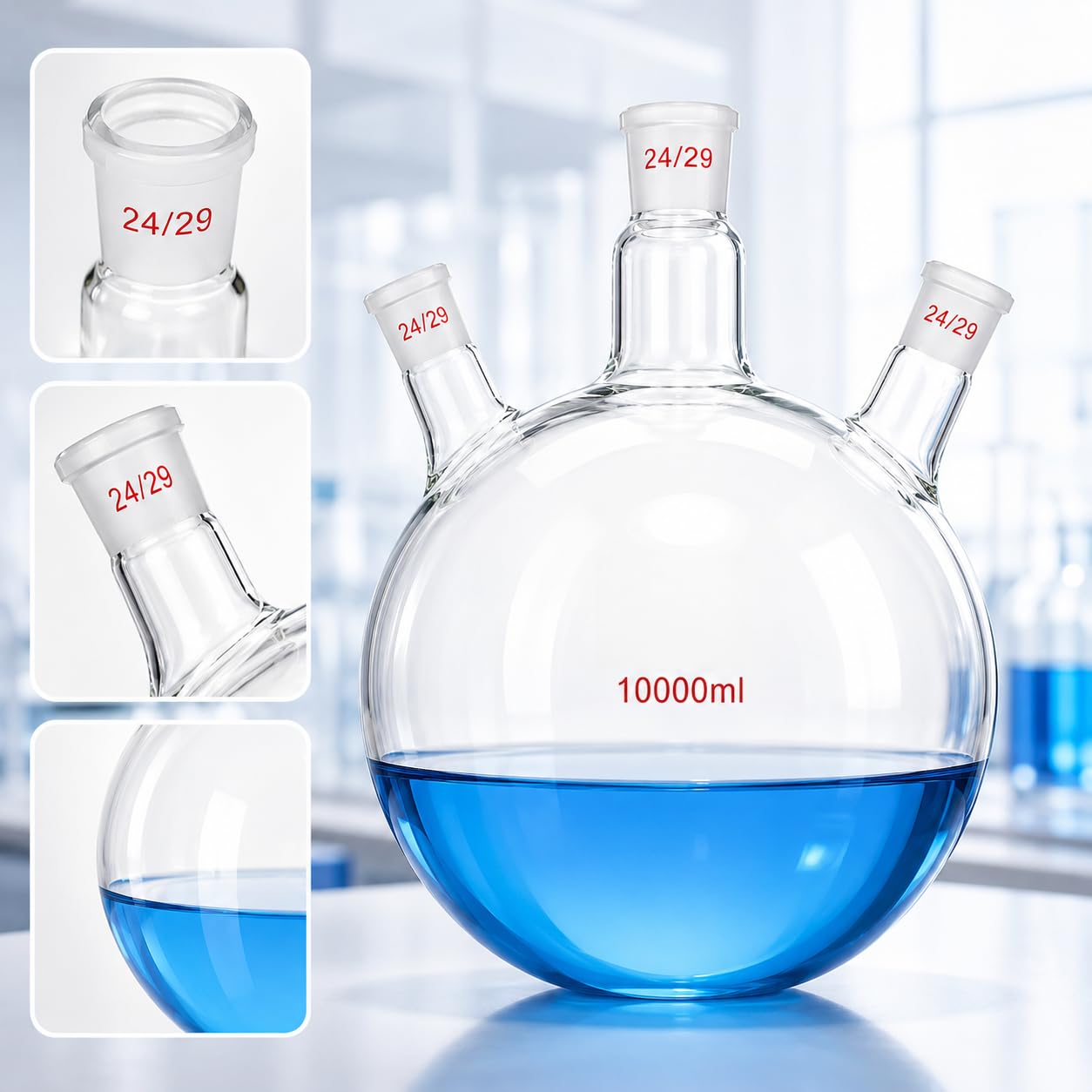 VIDOO Kolba Okrągłodenna Trójszyjna ze Szkła Borokrzemowego 3.3, Laboratoryjna Kolba Grzewcza do Chemii z 24/29 29/32 24/29 Szlifami, 5000ml
