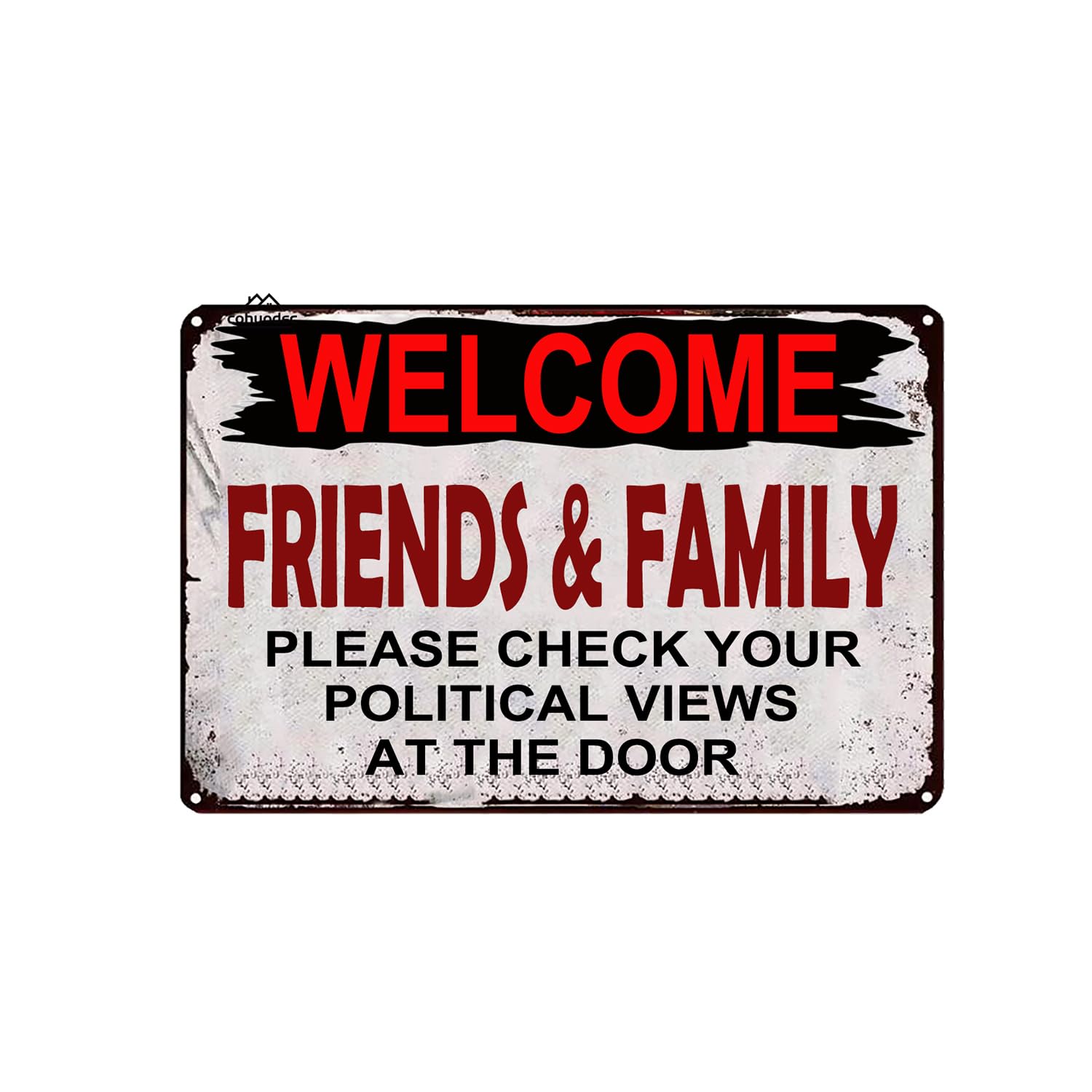 Welcome Friends No Political Views Metal Sign - Funny Neutral Entry Sign for Home, 8x12 Inch Vintage Tin Plaque for Door, Porch, Farmhouse & Wall Decor