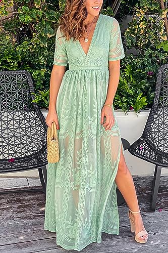 Image of LRISES Womens Lavender V Neck Embroidered Floral Lace Wedding Dress Short Sleeve Slit Bridesmaid Cocktail Party Maxi Dress