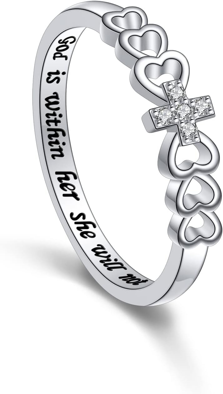 Easter Gifts S925 Sterling Silver Christian Cross Heart Inspirational Faith Bible Verse Ring for Women Teen Jewelry