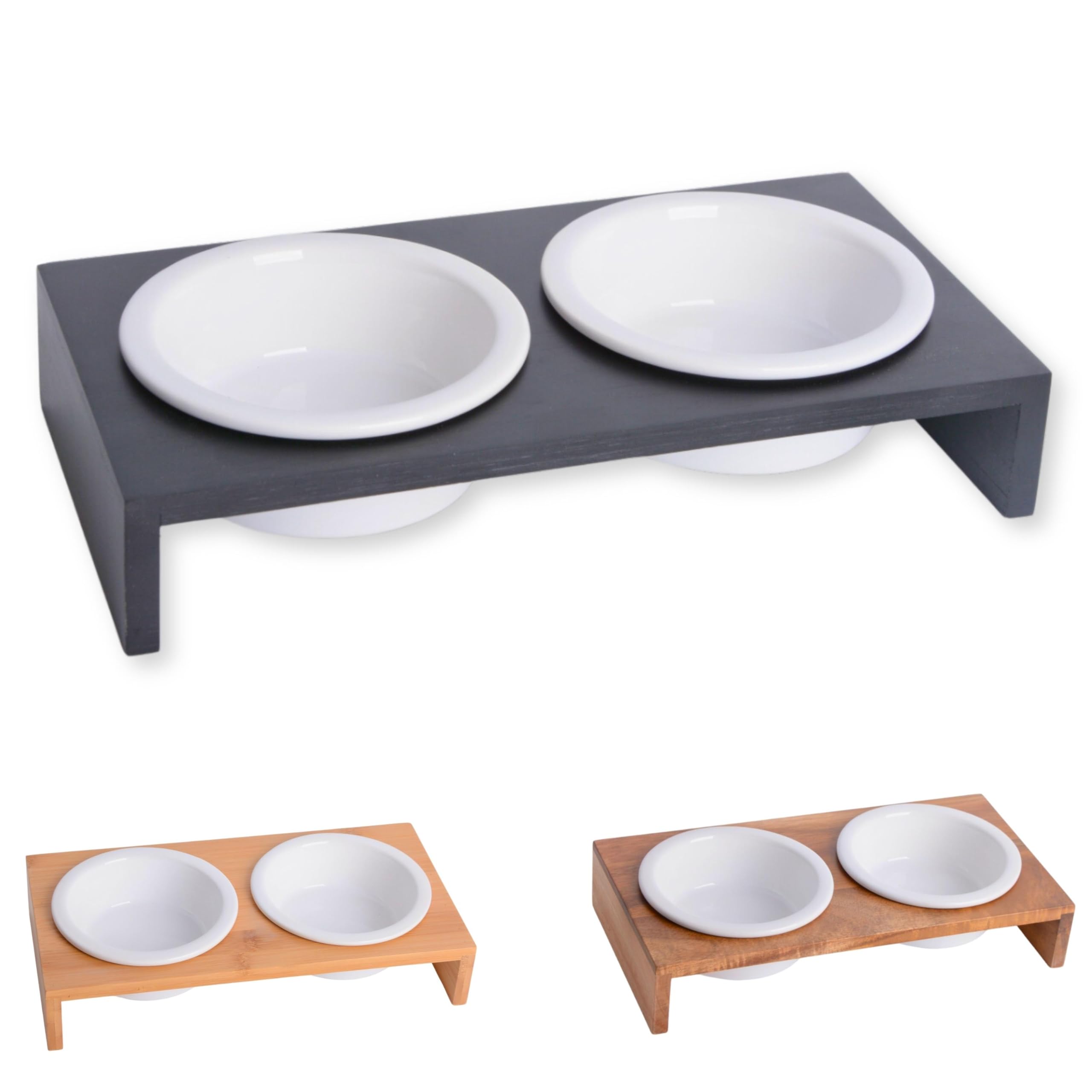 Ciotole Rialzate PETLINUS Per Gatti - Set Doppio In Ceramica E Legno, 29x15x5cm, 2x250ml - Foto 5