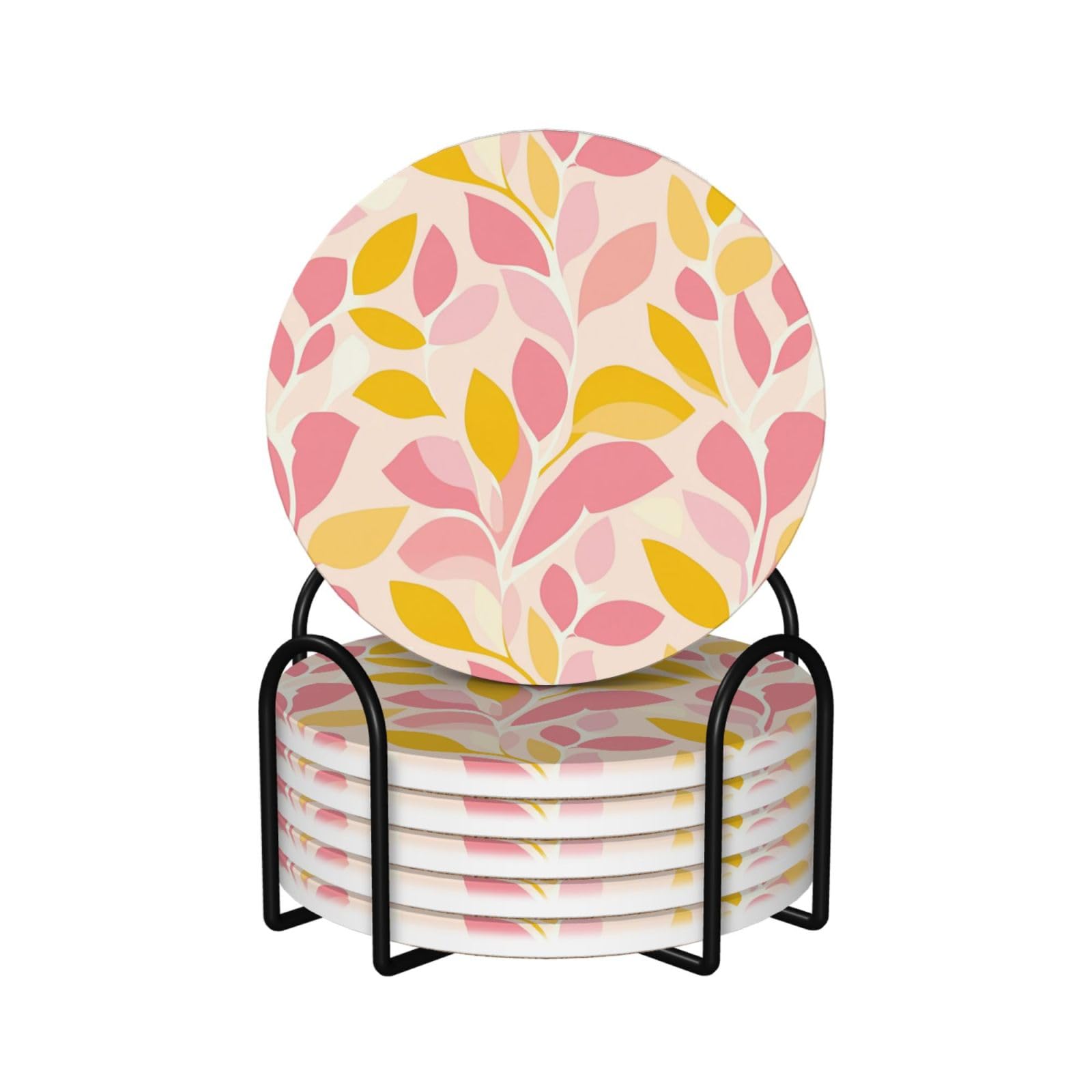 Retro Pastel Pink Yellow Boho Cottagecore Ceramic Coasters with Holder 6ps