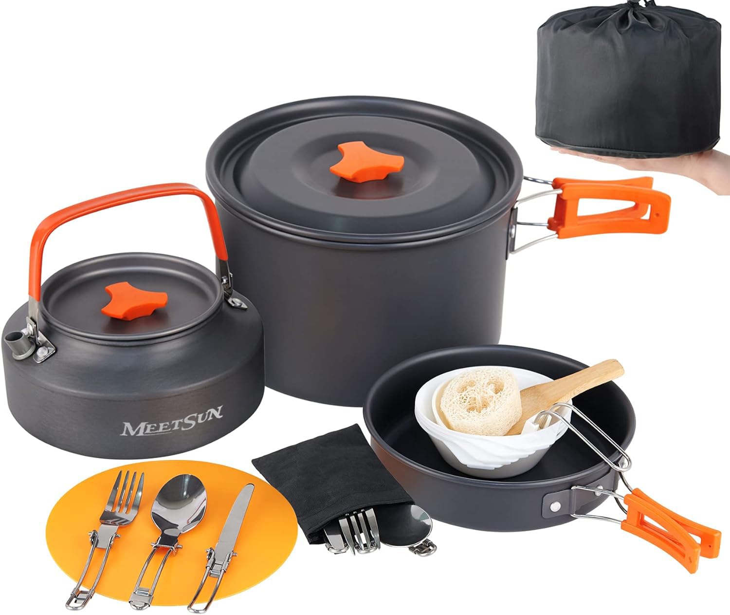 MEETSUN Ultralight Camping Pots and Pans Set,Aluminium Camping Cooking Set with Heat-Resistant Handles,Foldable Design,Quick-Clean Camping Cookware Set for Backpacking, Hiking,Survival,Emergency