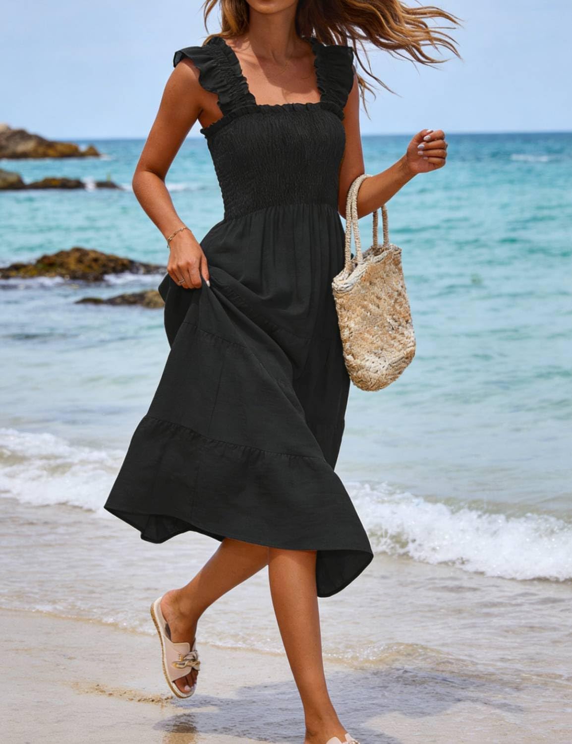 ROYLAMP Women's Summer Ruffled Strap Dress Square Neck Smocked High Waist Tiered A Line Flowy Sun Midi Dresses - Image 3