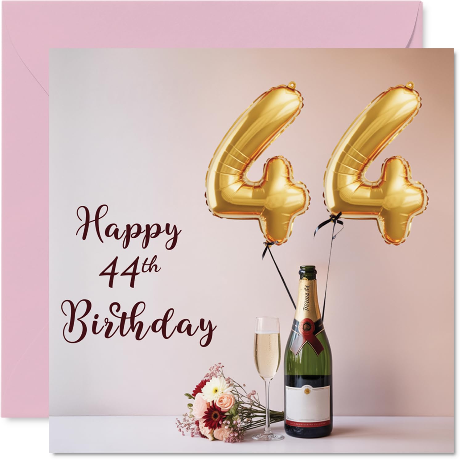 44th Birthday Cards for Women and Men, Balloons & A Bottle of Bubbly
