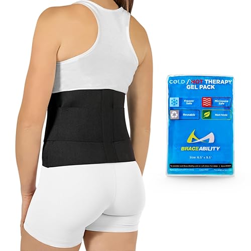 BraceAbility Soporte de espalda baja + paquete reutilizable de frío caliente - Paquete definitivo para aliviar el dolor de espalda baja - Soporte